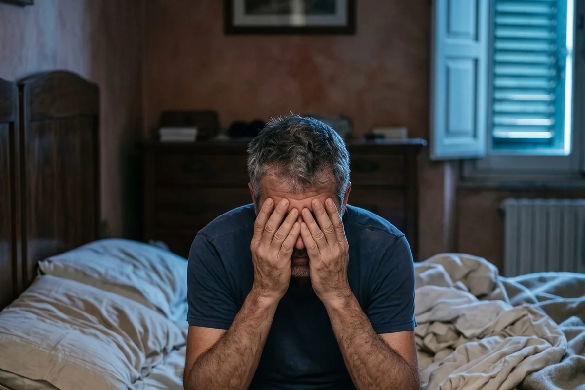 Uomo seduto sulla sponda del letto con la testa fra le mani