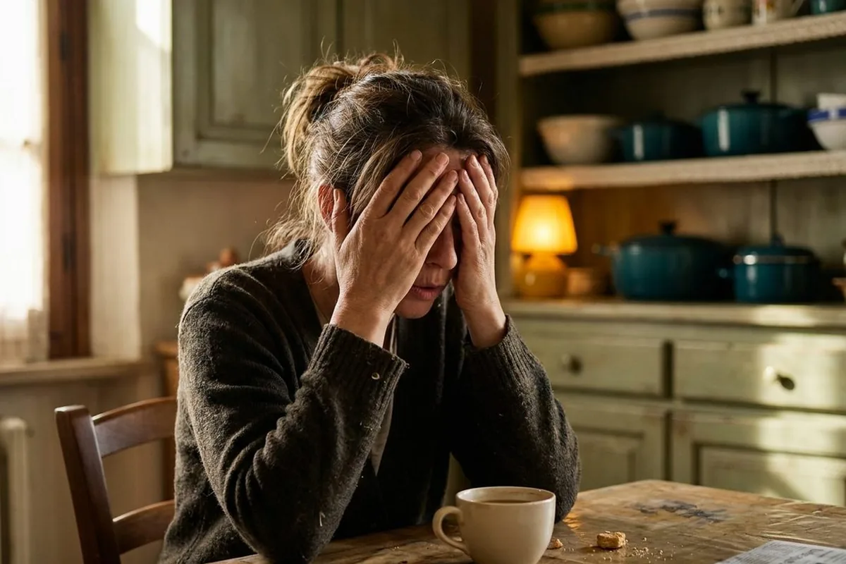 Donna al tavolo della cucina, mani sul viso, caffe accanto