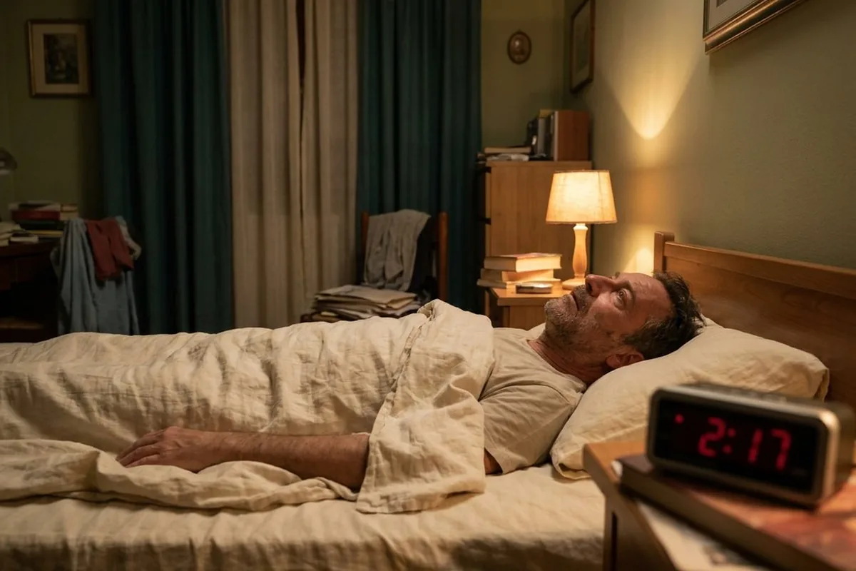 Uomo sveglio a letto nel cuore della notte con la sveglia accesa