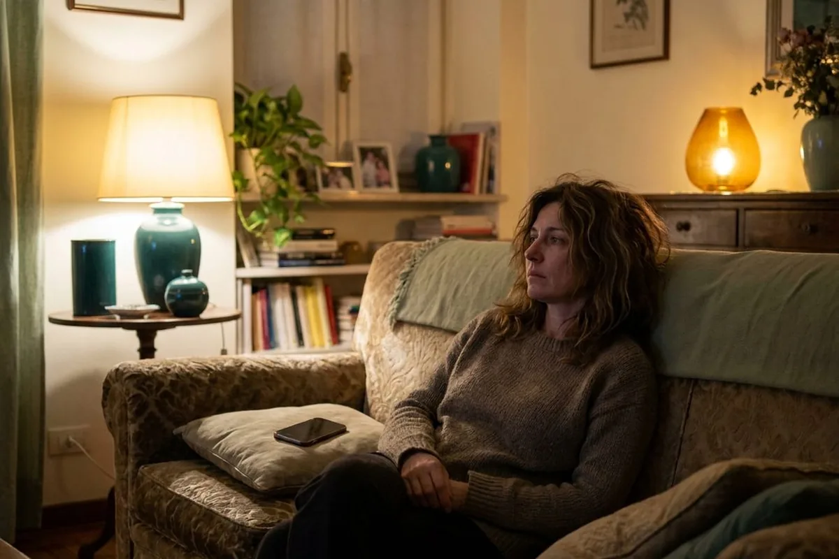 Donna accasciata sul divano la sera