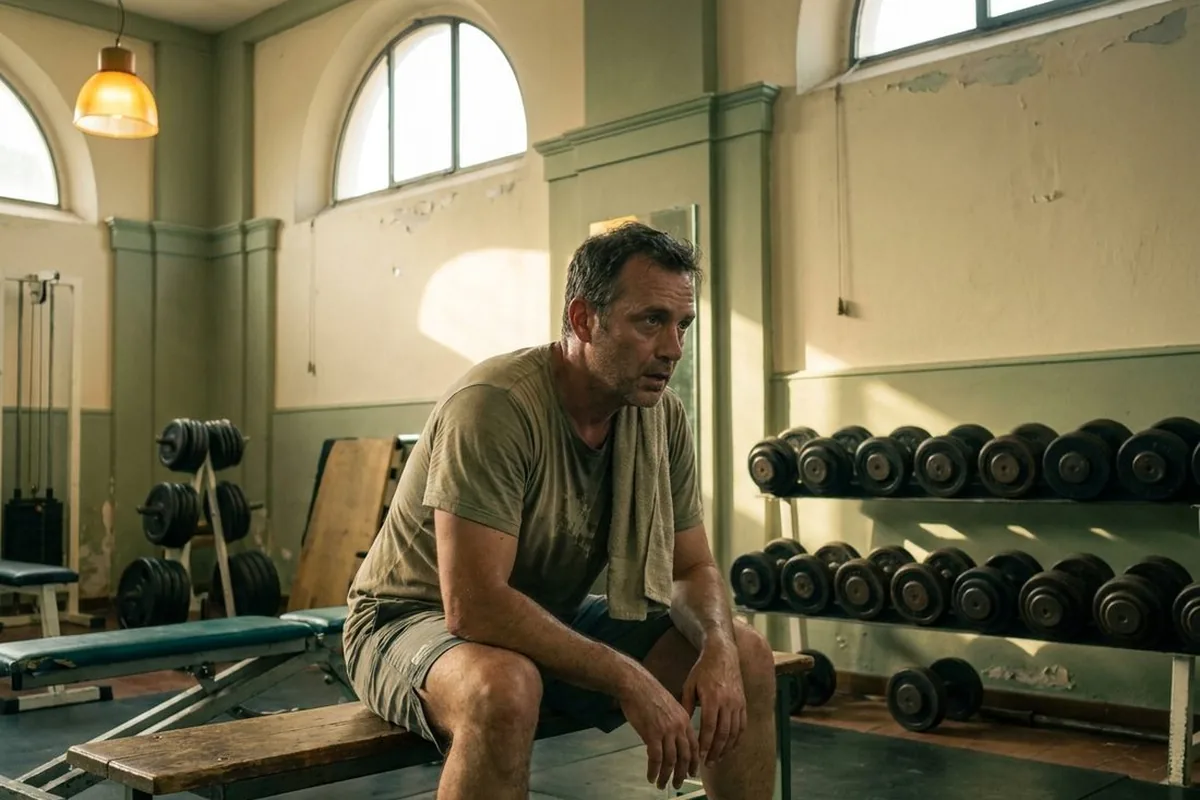 Uomo seduto in palestra, senza energie per allenarsi